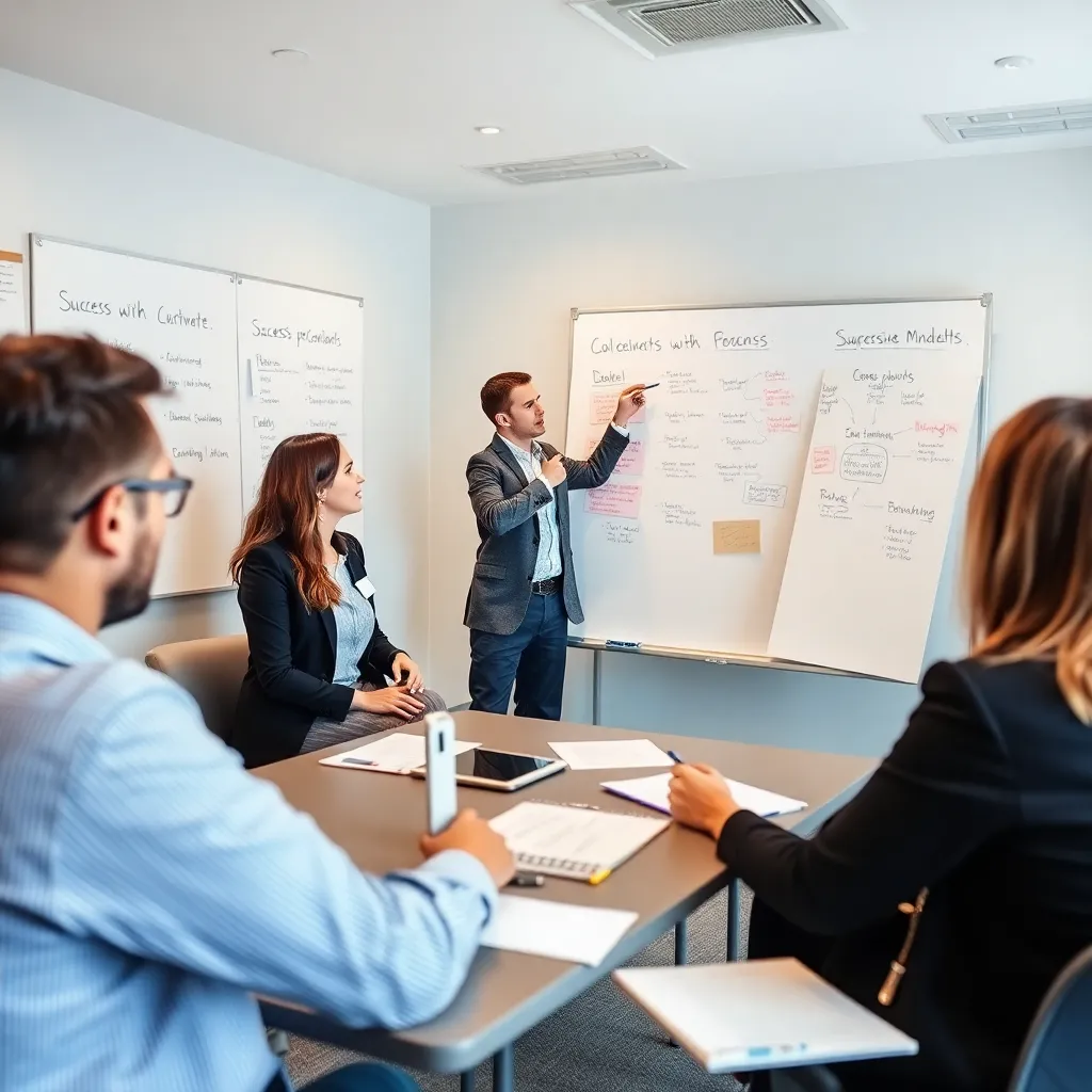 Geschäftsleute in einem intensiven Coaching-Workshop mit Flipcharts und Notizen